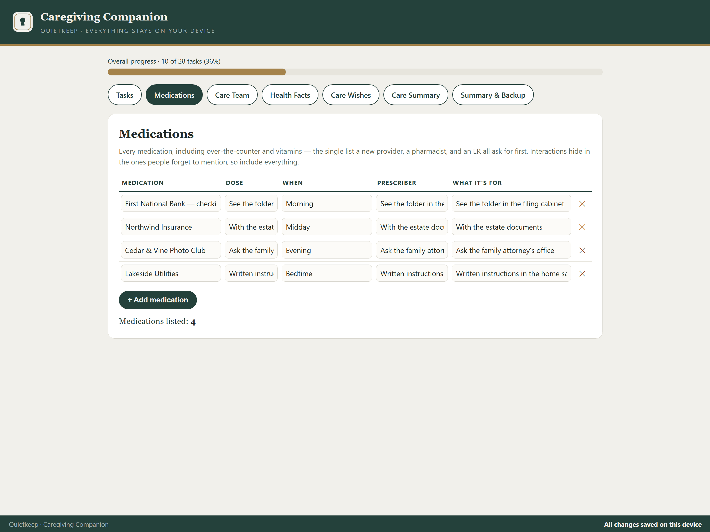 Caregiving Companion showing the Medications register