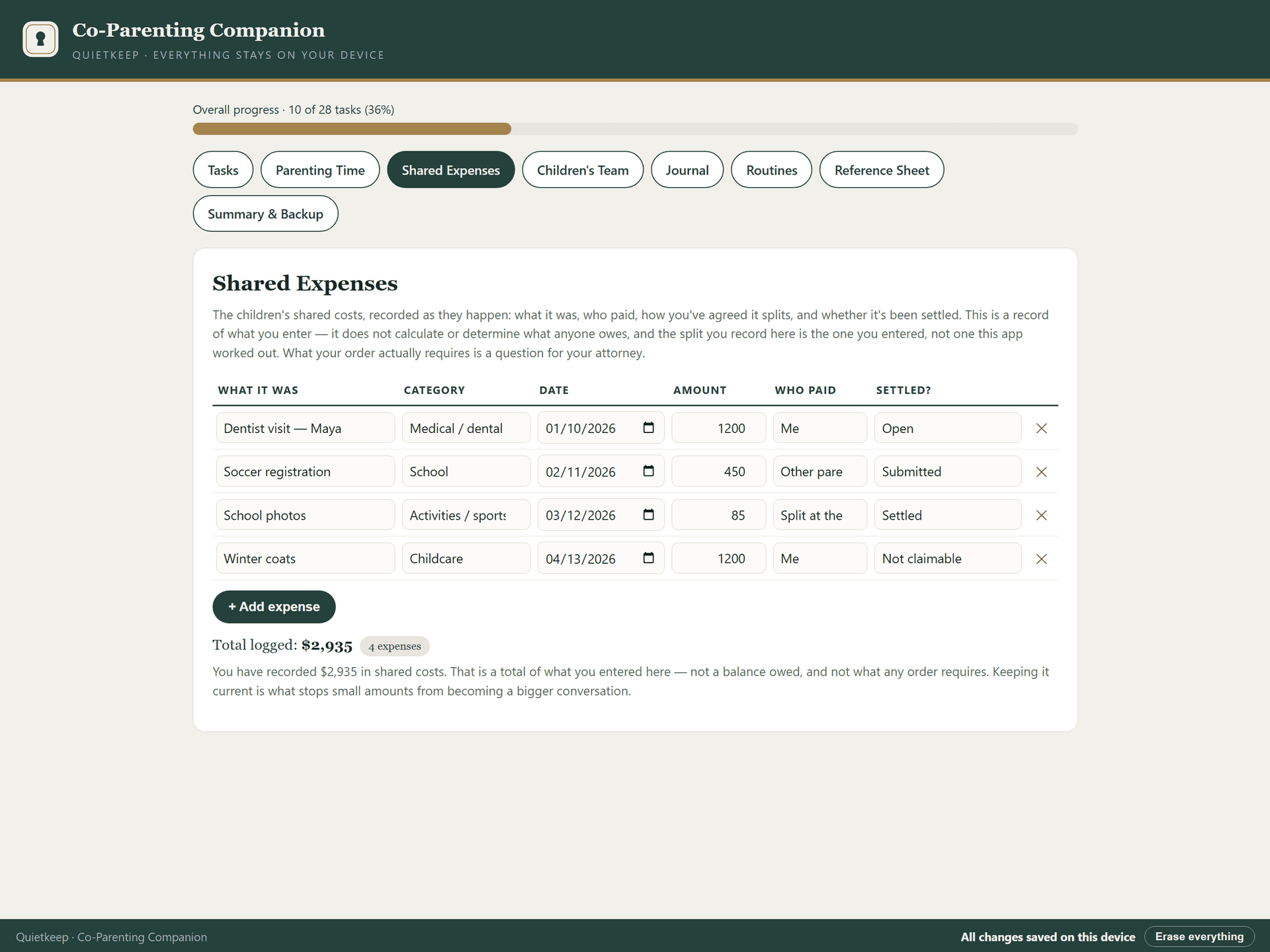 Co-Parenting Companion shared expense tracker