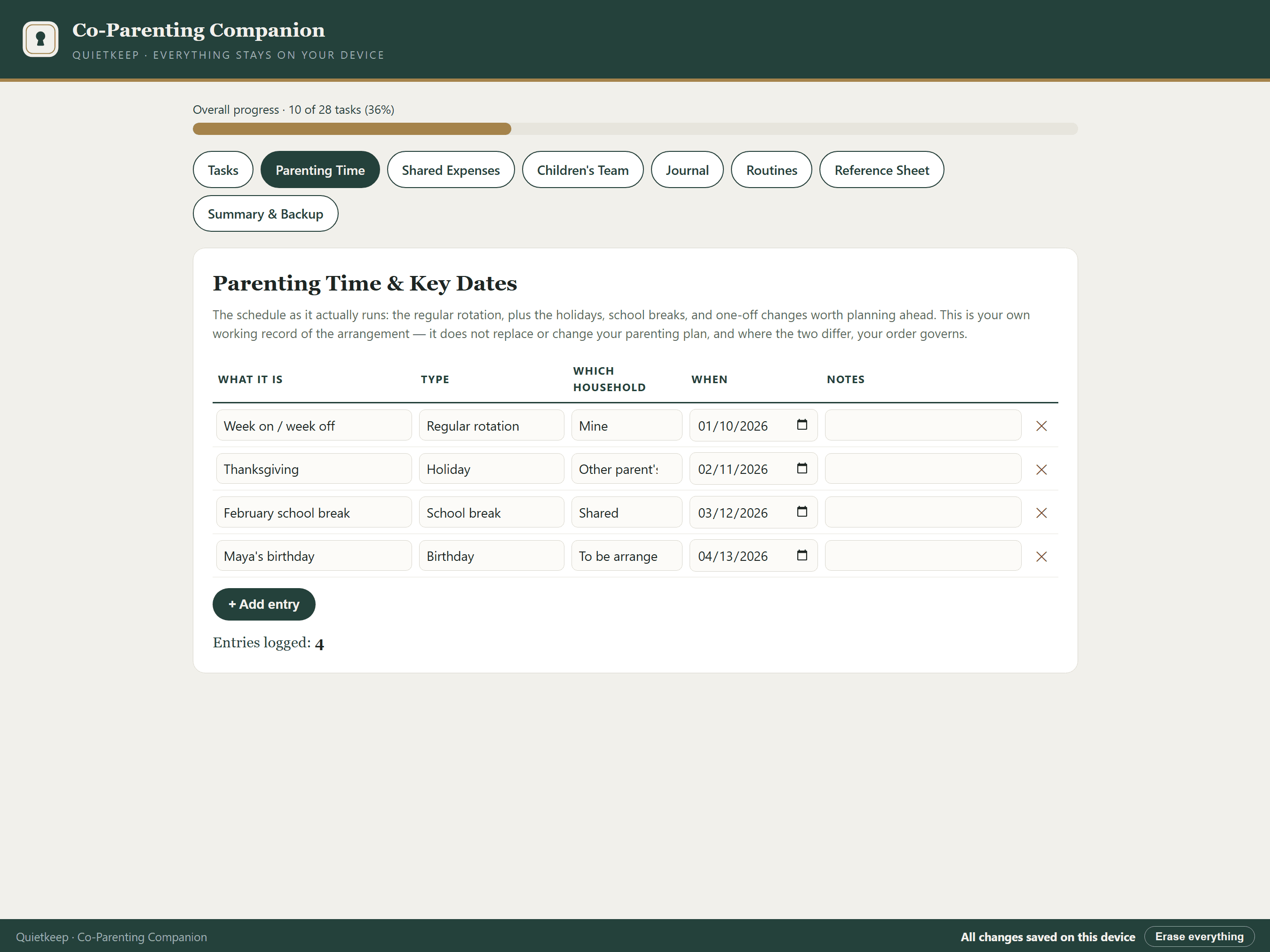 Co-Parenting Companion showing the Parenting Time register