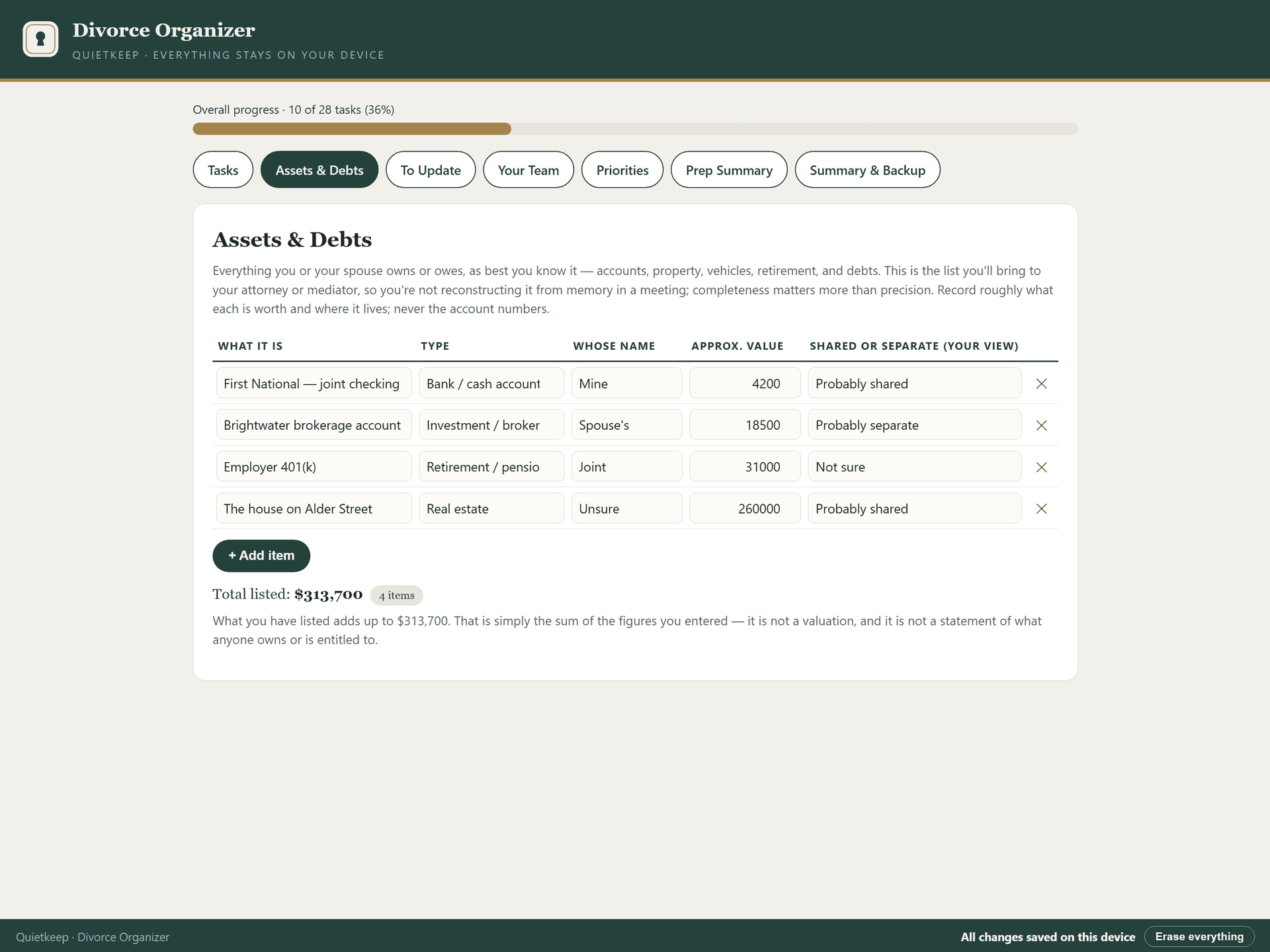 Divorce Organizer asset and debt inventory