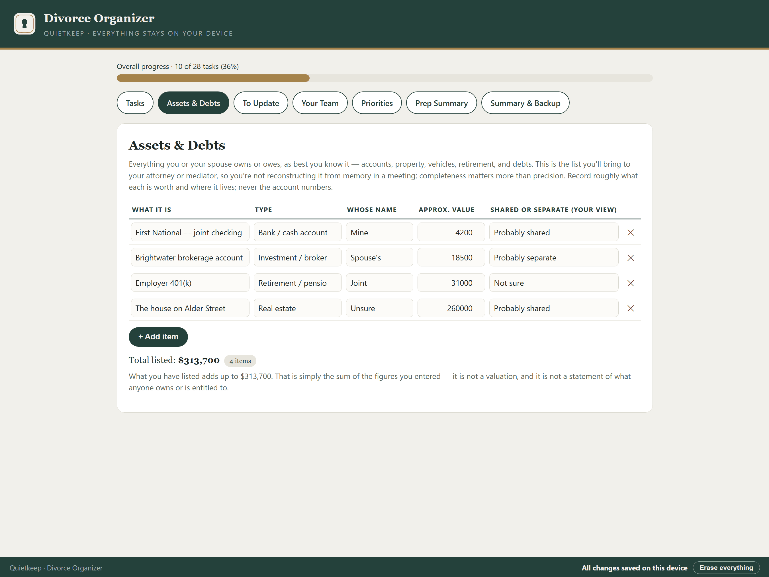 Divorce Organizer showing the Assets & Debts register