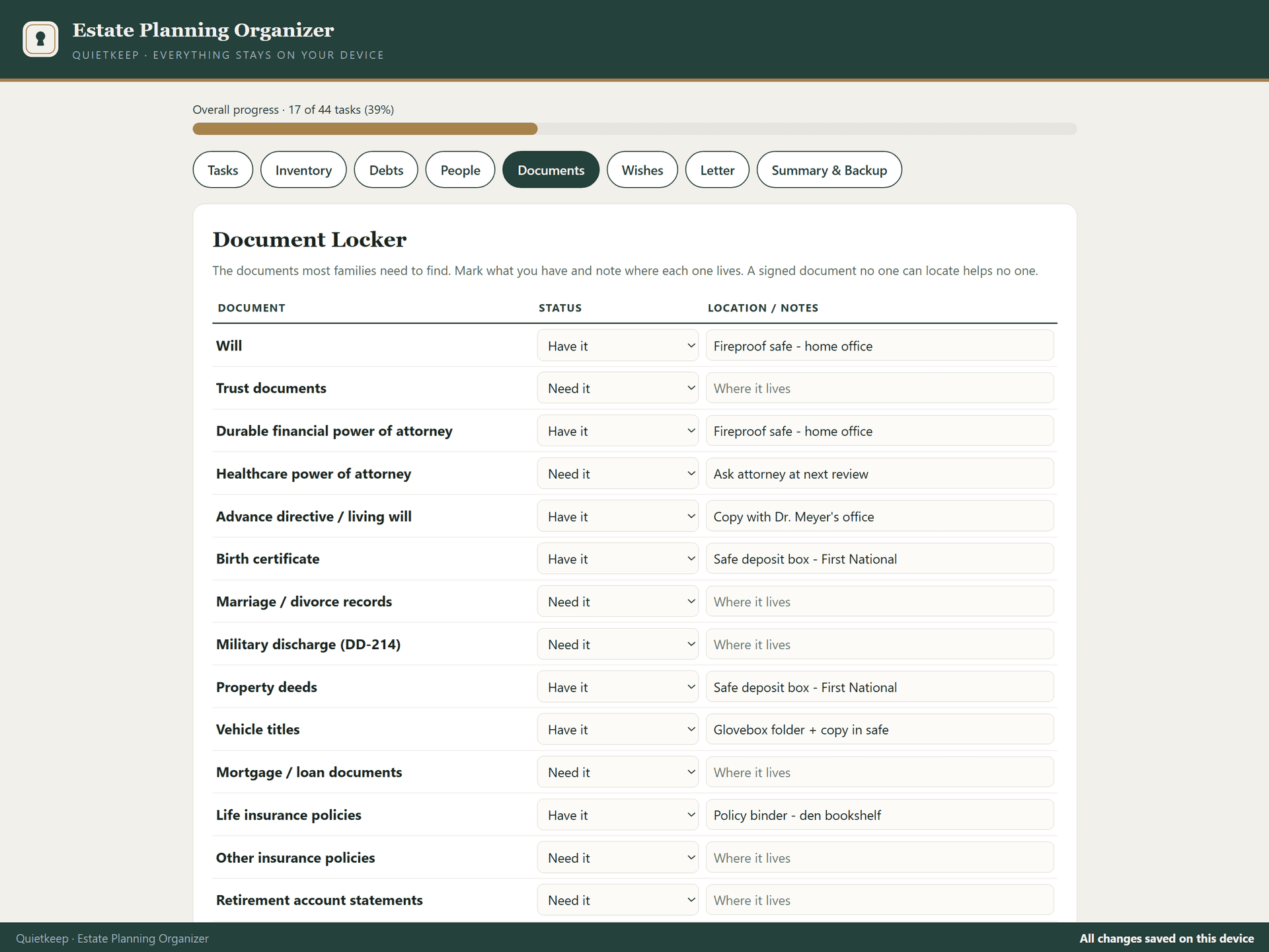 Document locker with locations