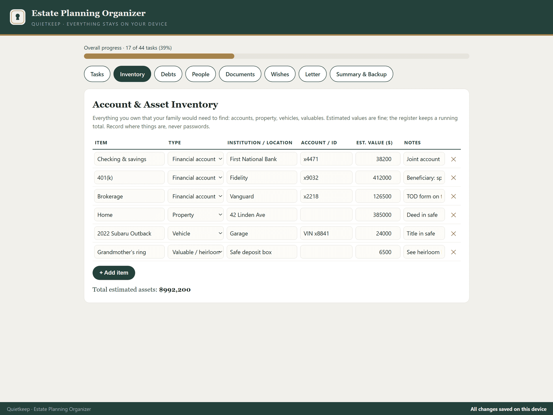 Asset inventory register with a running total