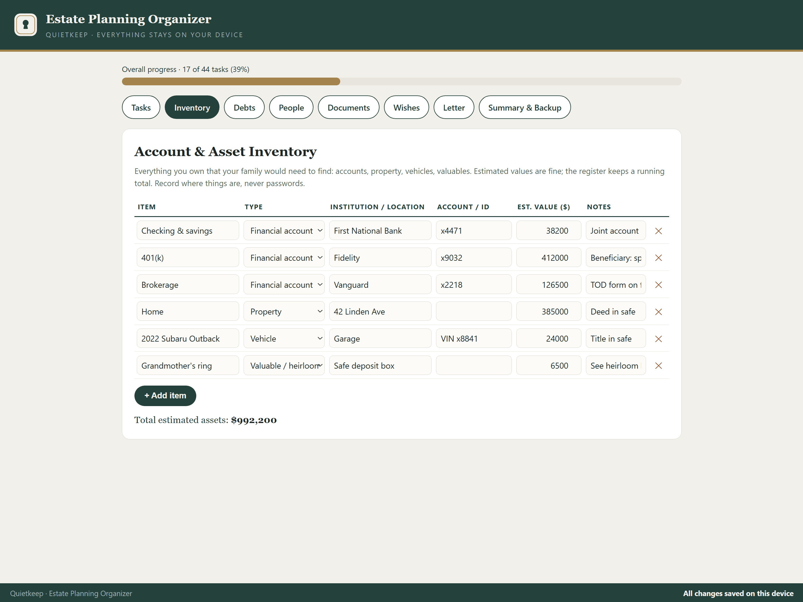 Estate Planning Organizer inventory screen showing accounts, property, and running totals