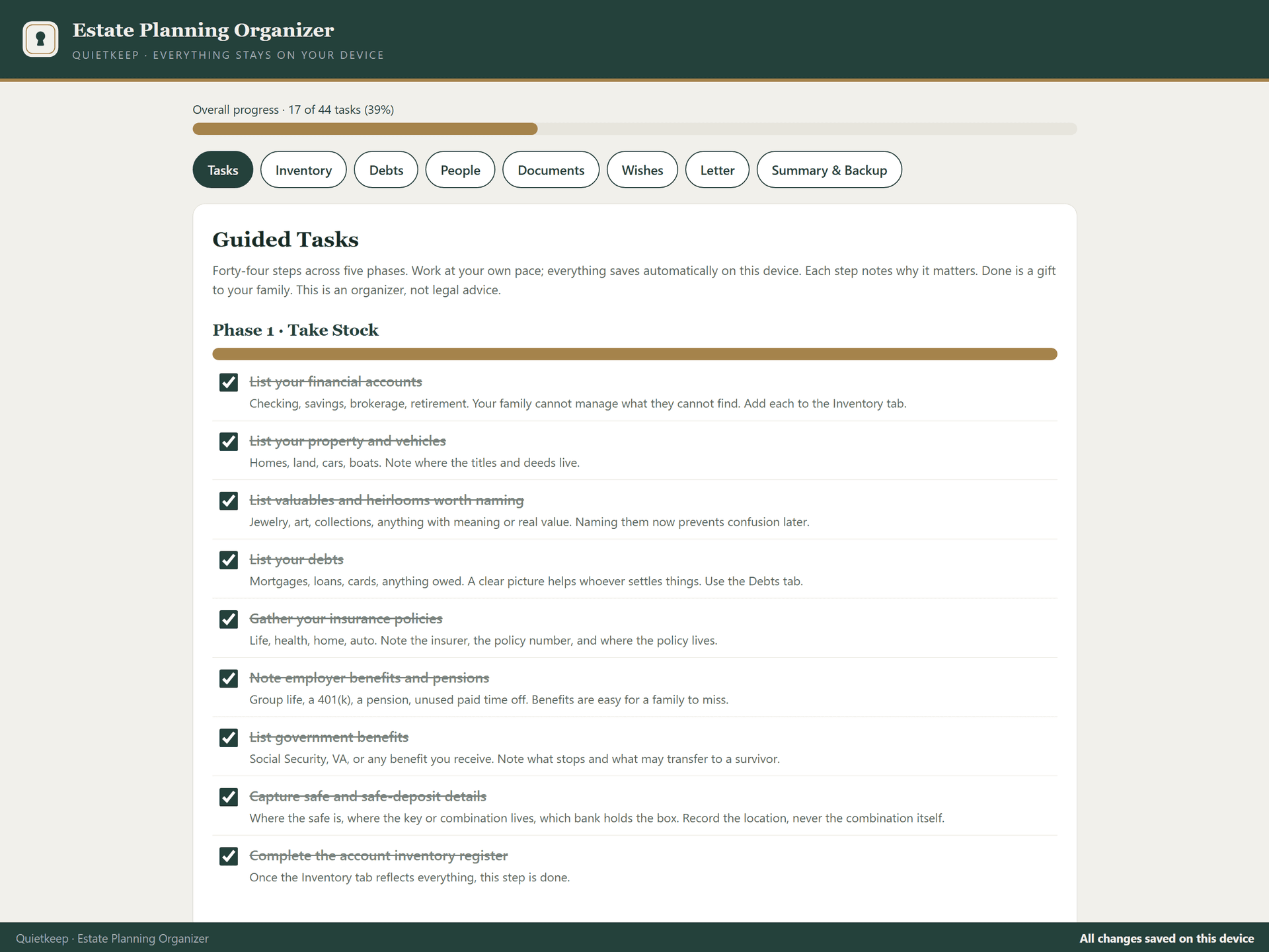 Guided task checklist with progress