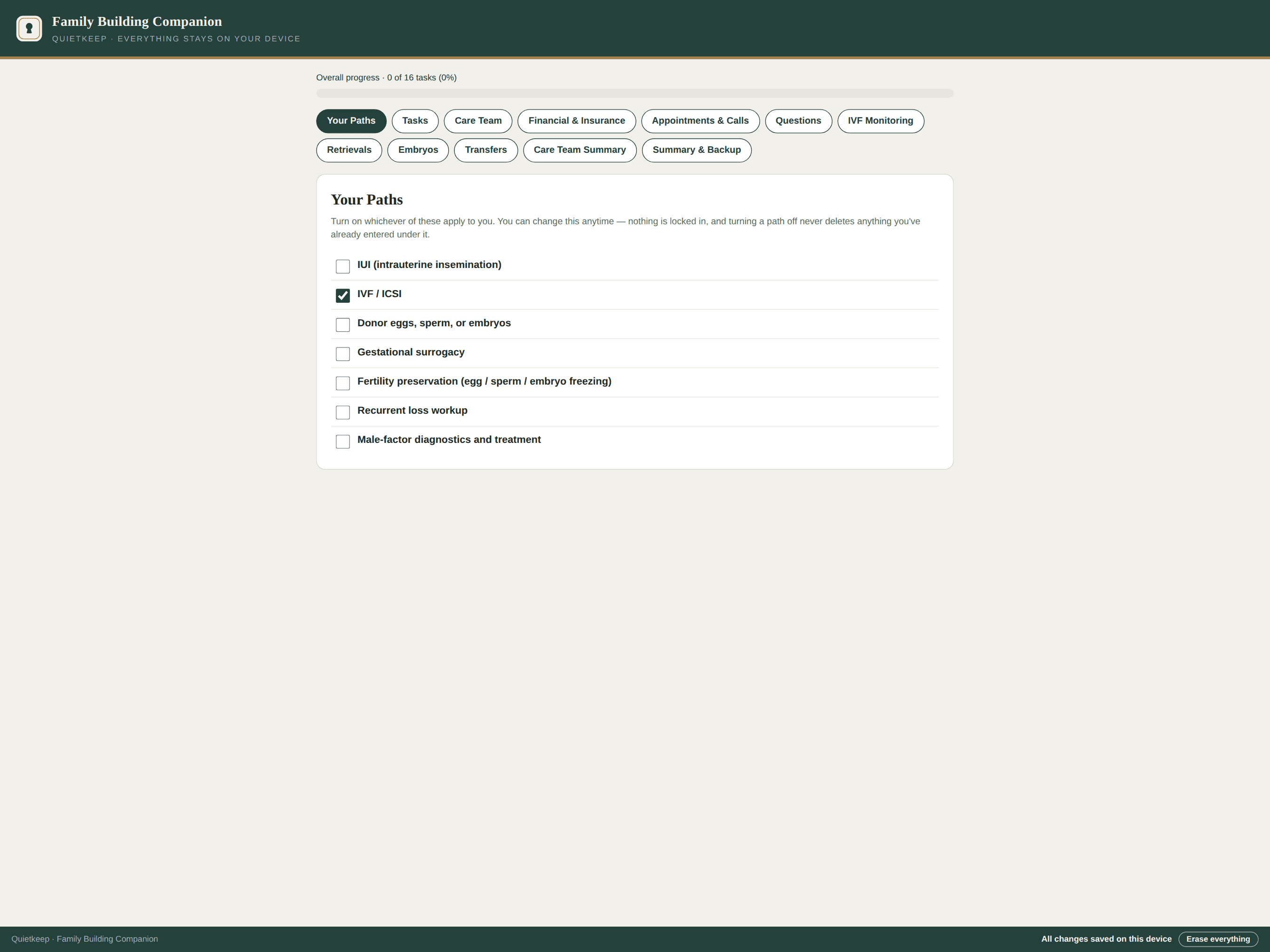 Family Building Companion showing the Your Paths selector