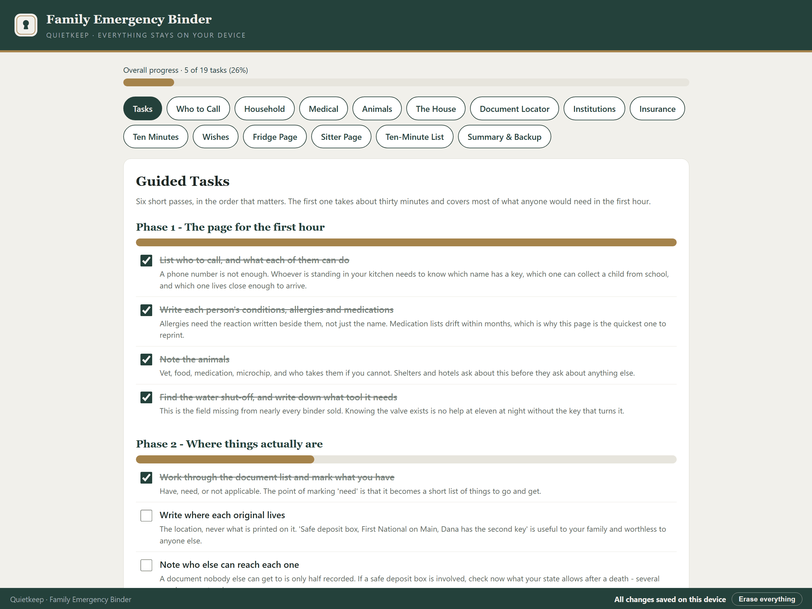 Family Emergency Binder showing the guided tasks, ordered by urgency