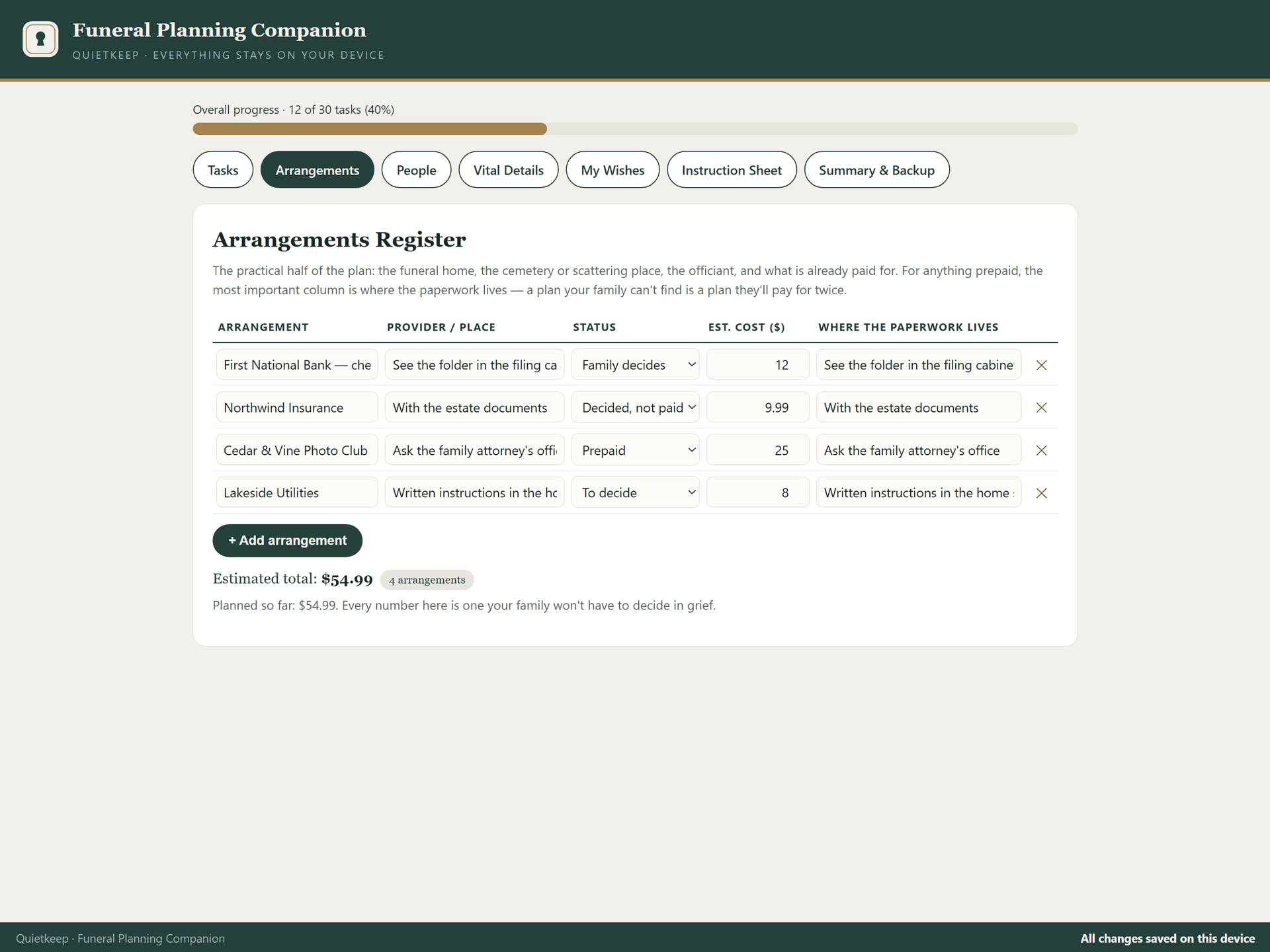 Arrangements register