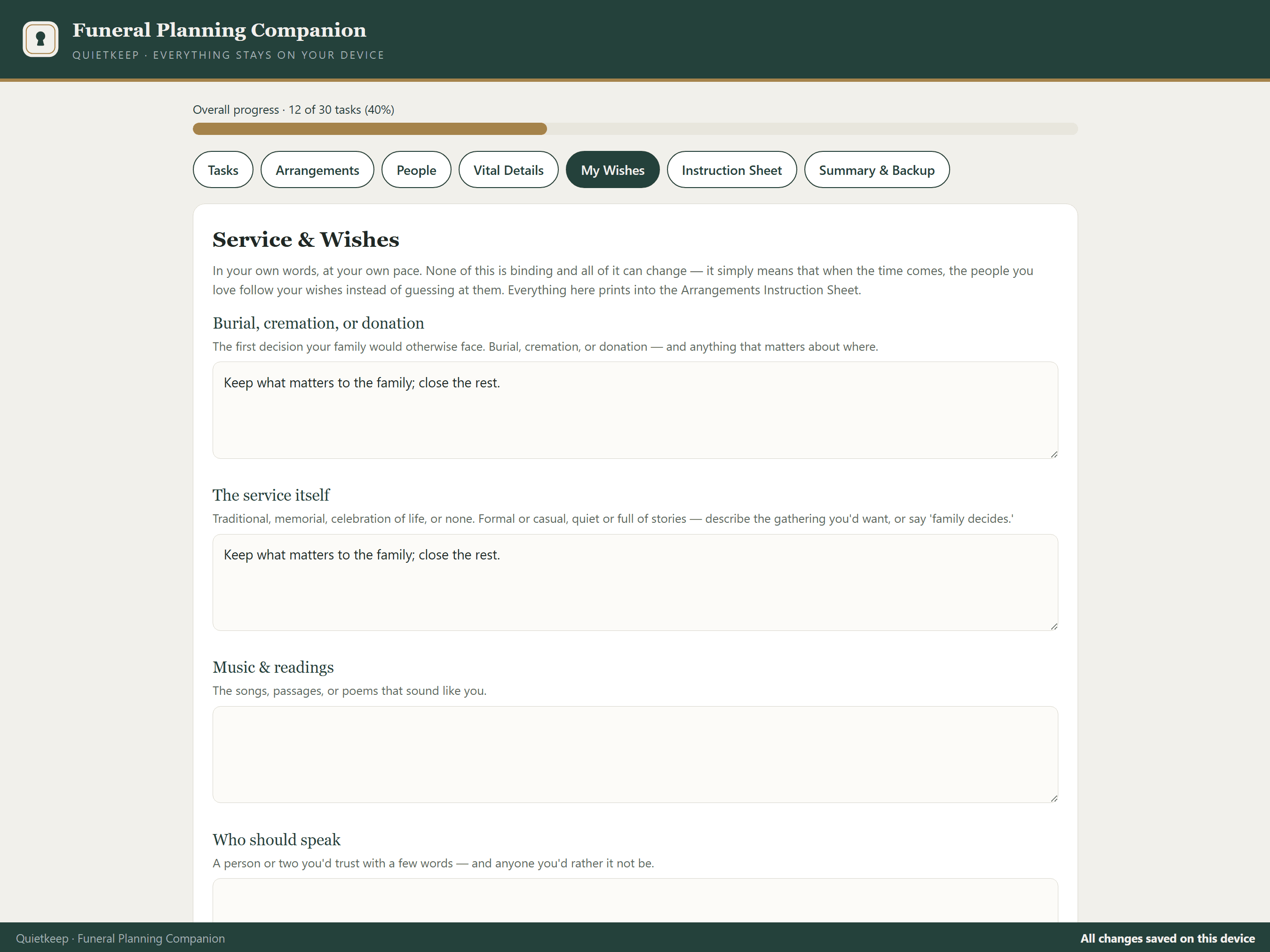 Funeral Planning Companion showing the My Wishes section