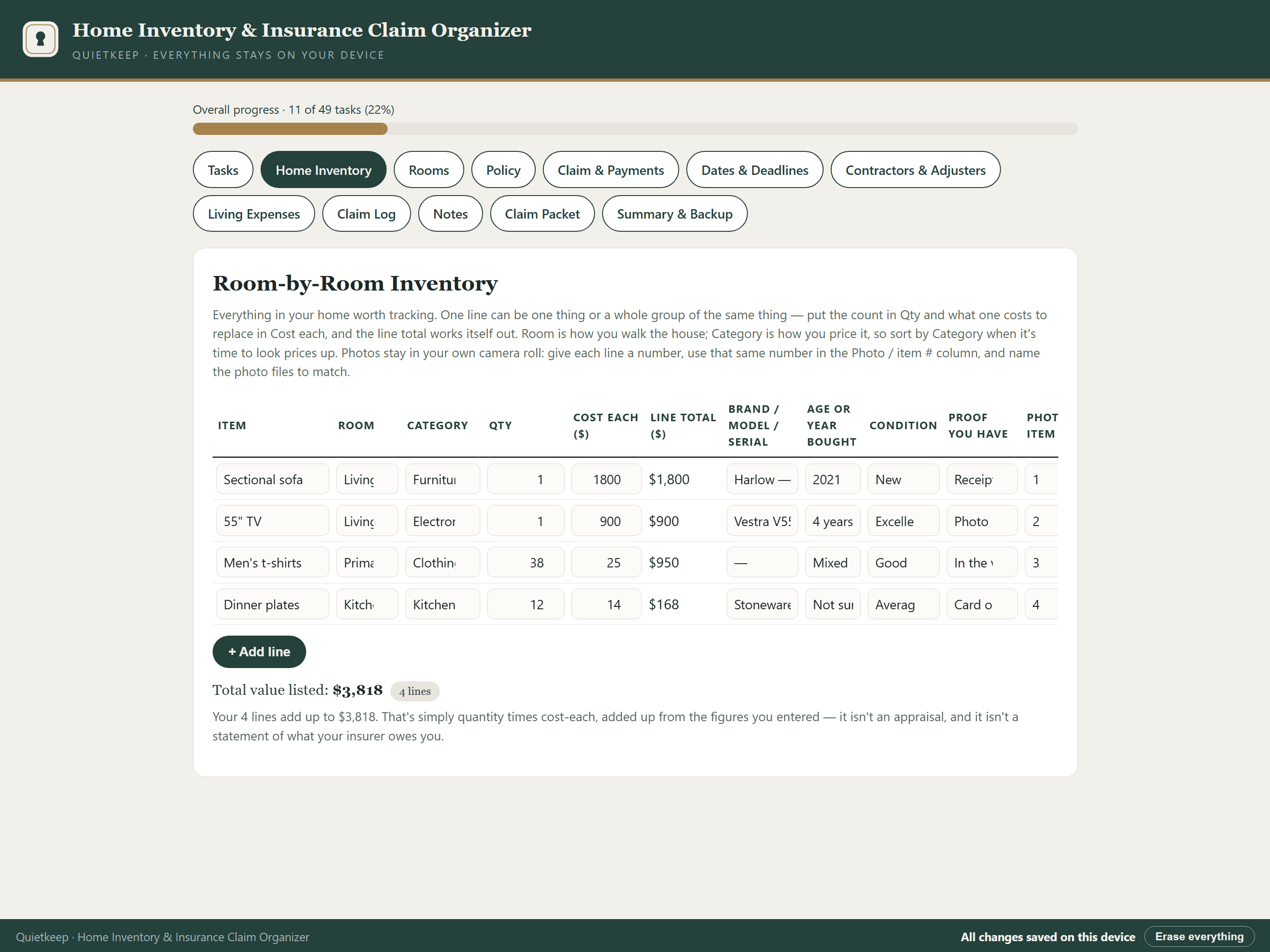 Home Inventory & Insurance Claim Organizer showing the Home Inventory register