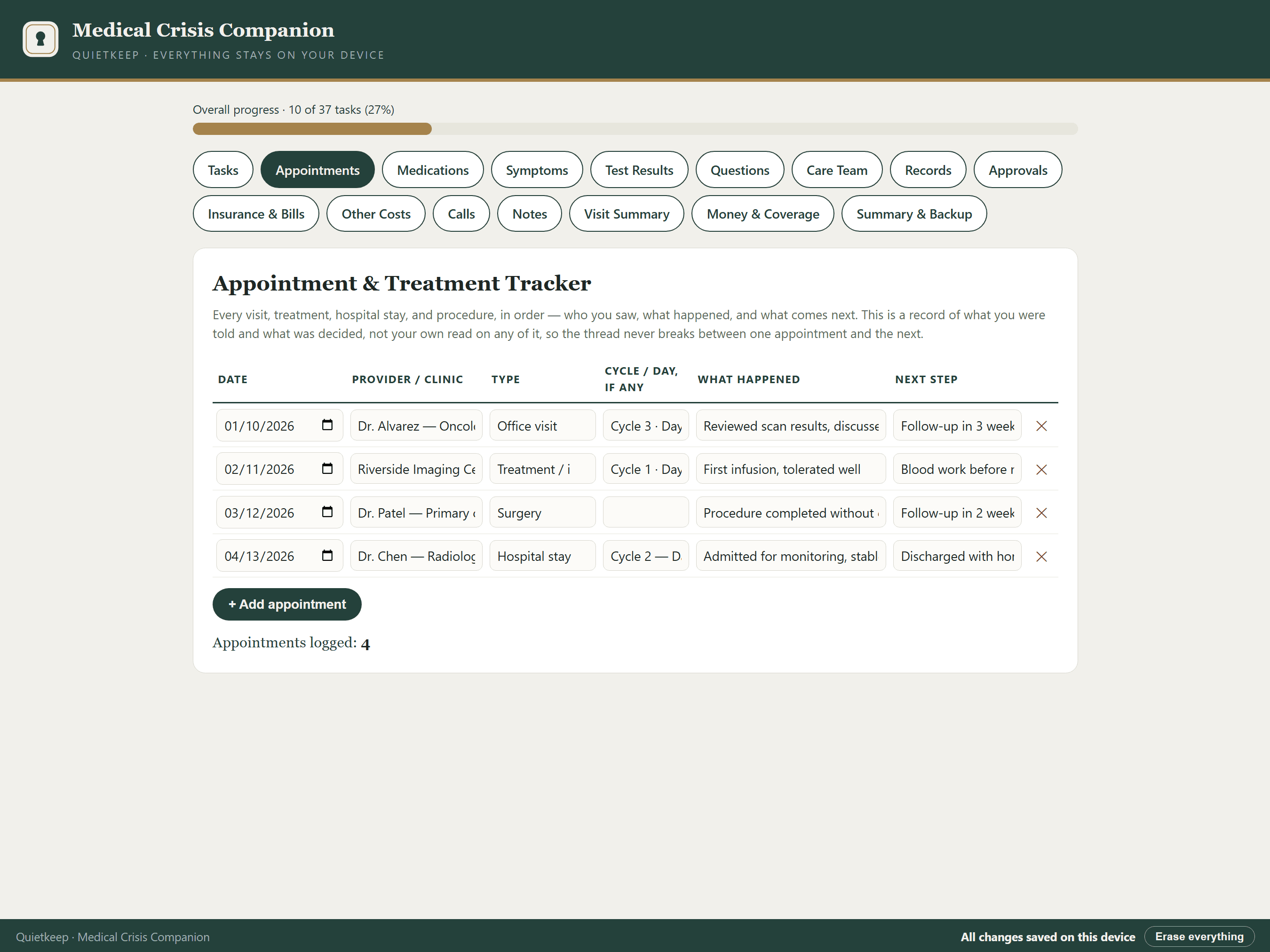 Medical Crisis Companion showing the Appointment & Treatment Tracker