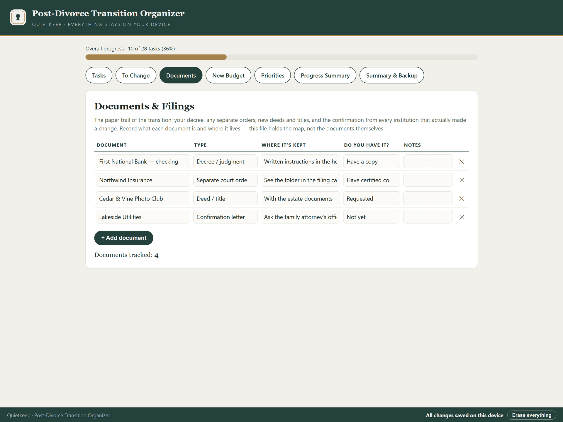 Post-Divorce Transition Organizer document tracker