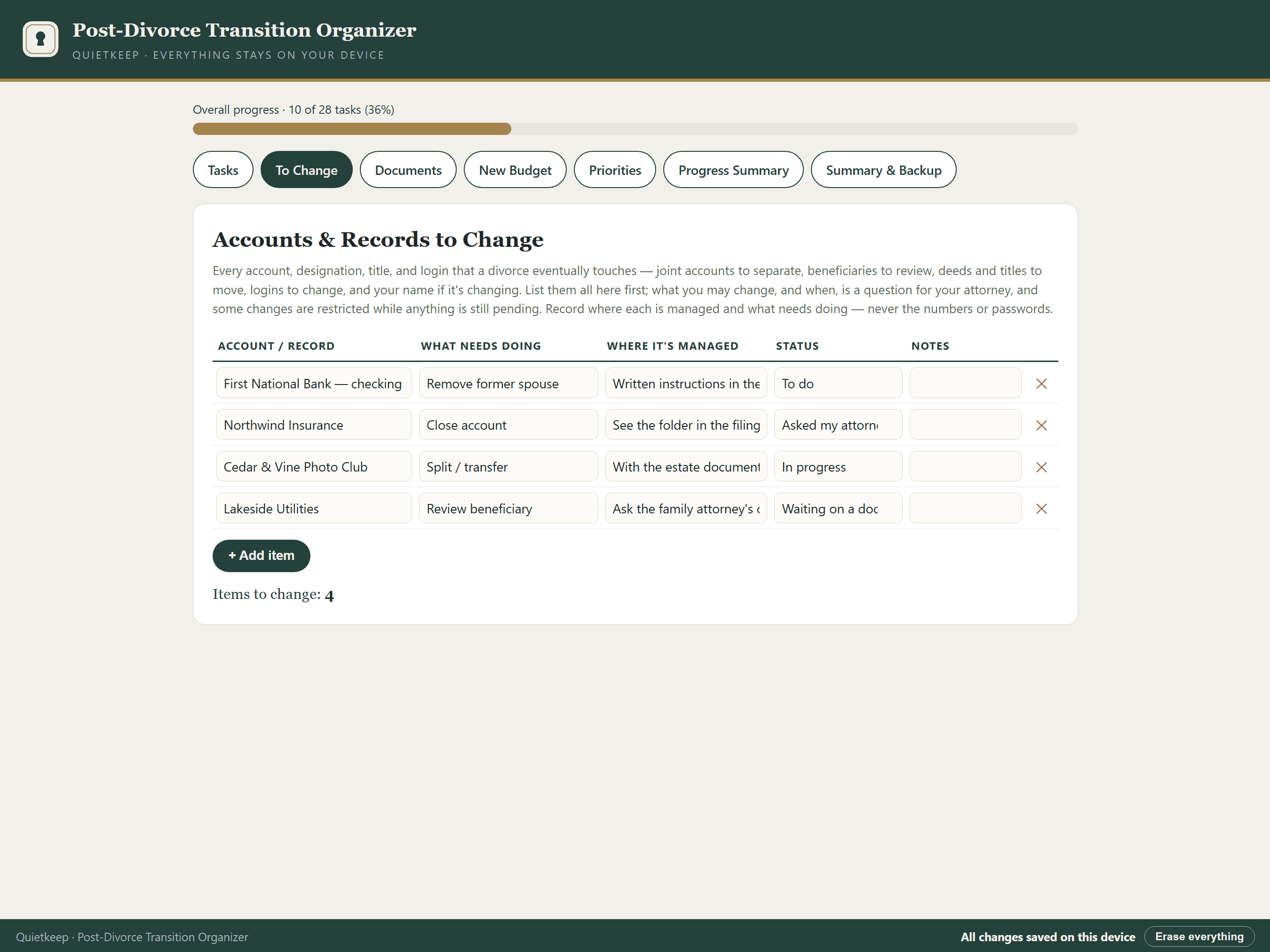 Post-Divorce Transition Organizer showing the Accounts & Records to Change register