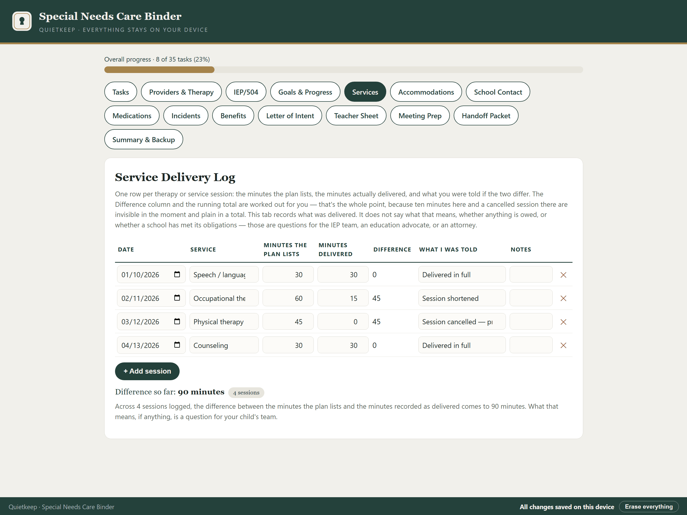 Special Needs Care Binder showing the Service Delivery Log
