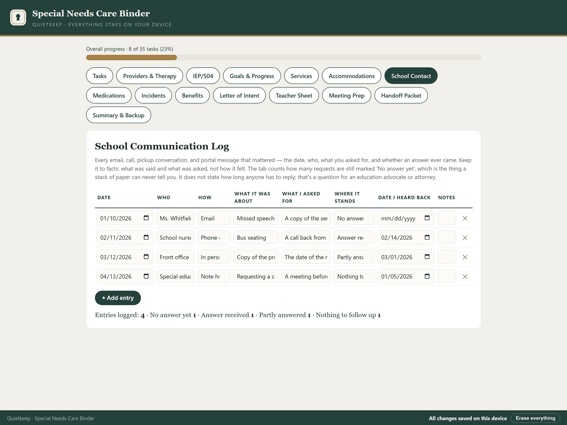 School Communication Log